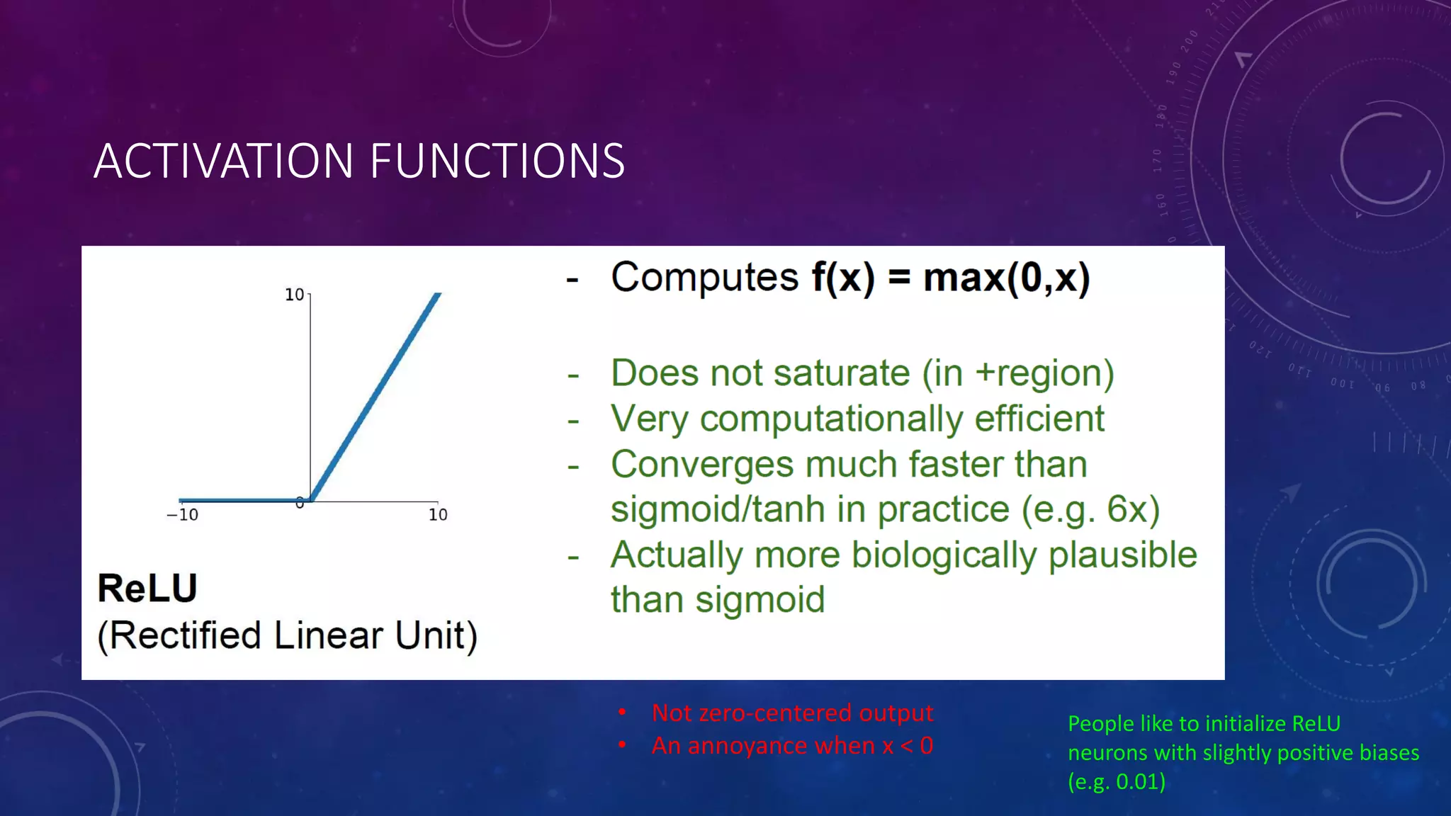 ACTIVATION FUNCTIONS • Not zero-centered output • An annoyance when x < 0 People like to initialize ReLU neurons with slightly positive biases (e.g. 0.01) 
