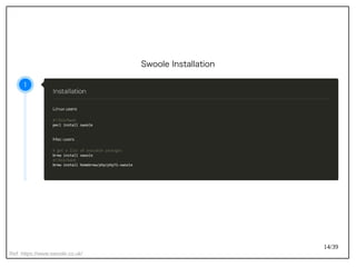 14/39
Swoole Installation
Ref: https://www.swoole.co.uk/
 
