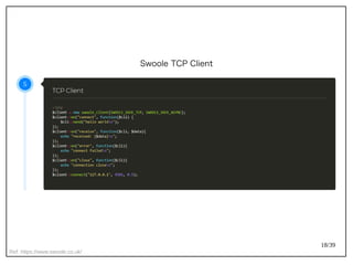 18/39
Swoole TCP Client
Ref: https://www.swoole.co.uk/
 
