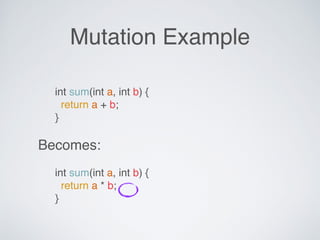 Mutation Example
int sum(int a, int b) {
return a + b;
}
Becomes:
int sum(int a, int b) {
return a * b;
}
 