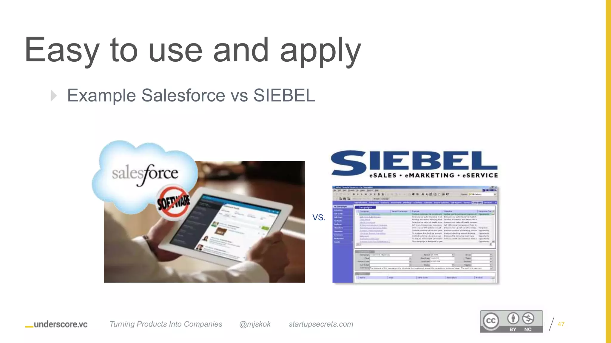 Proprietary and Confidential
 Example Salesforce vs SIEBEL
VS.
Easy to use and apply
@mjskok startupsecrets.comTurning Products Into Companies 47
 