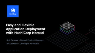 Copyright © 2018 HashiCorp
Easy and Flexible
Application Deployment
with HashiCorp Nomad
Rob Genova - Nomad Product Manager
Nic Jackson - Developer Advocate
 