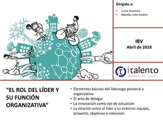 “EL ROL DEL LÍDER Y
SU FUNCIÓN
ORGANIZATIVA”
Dirigido a:
• Junta Directiva
• Mandos intermedios
IBV
Abril de 2018
• Elemen...