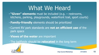 What We Heard
4/11/2018 11
• “Given” elements must be included (e.g. – restrooms,
kitchens, parking, playgrounds, waterfront trail, sport courts)
• Family-friendly elements should be prioritized
• Current RV park standards are not an efficient use of the
park space
• Views of the water are important
• The ballfields should be relocated in the long term
City Council Workshop
 