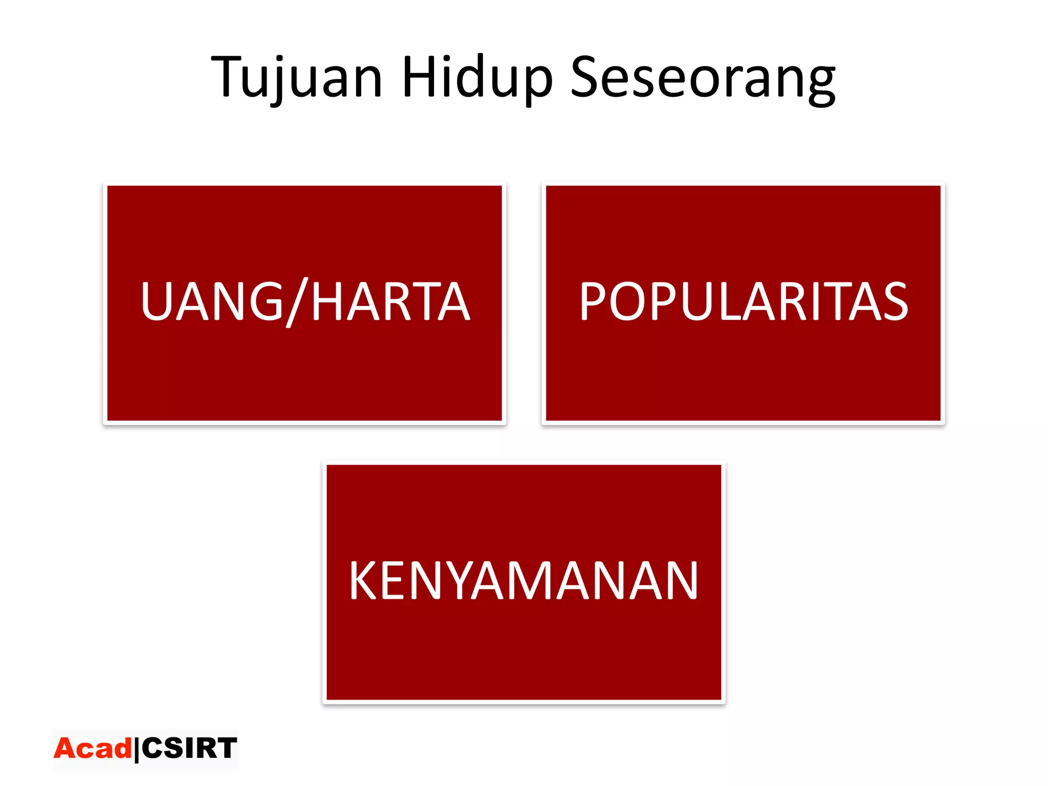 Tujuan Hidup Seseorang
UANG/HARTA POPULARITAS
KENYAMANAN
 