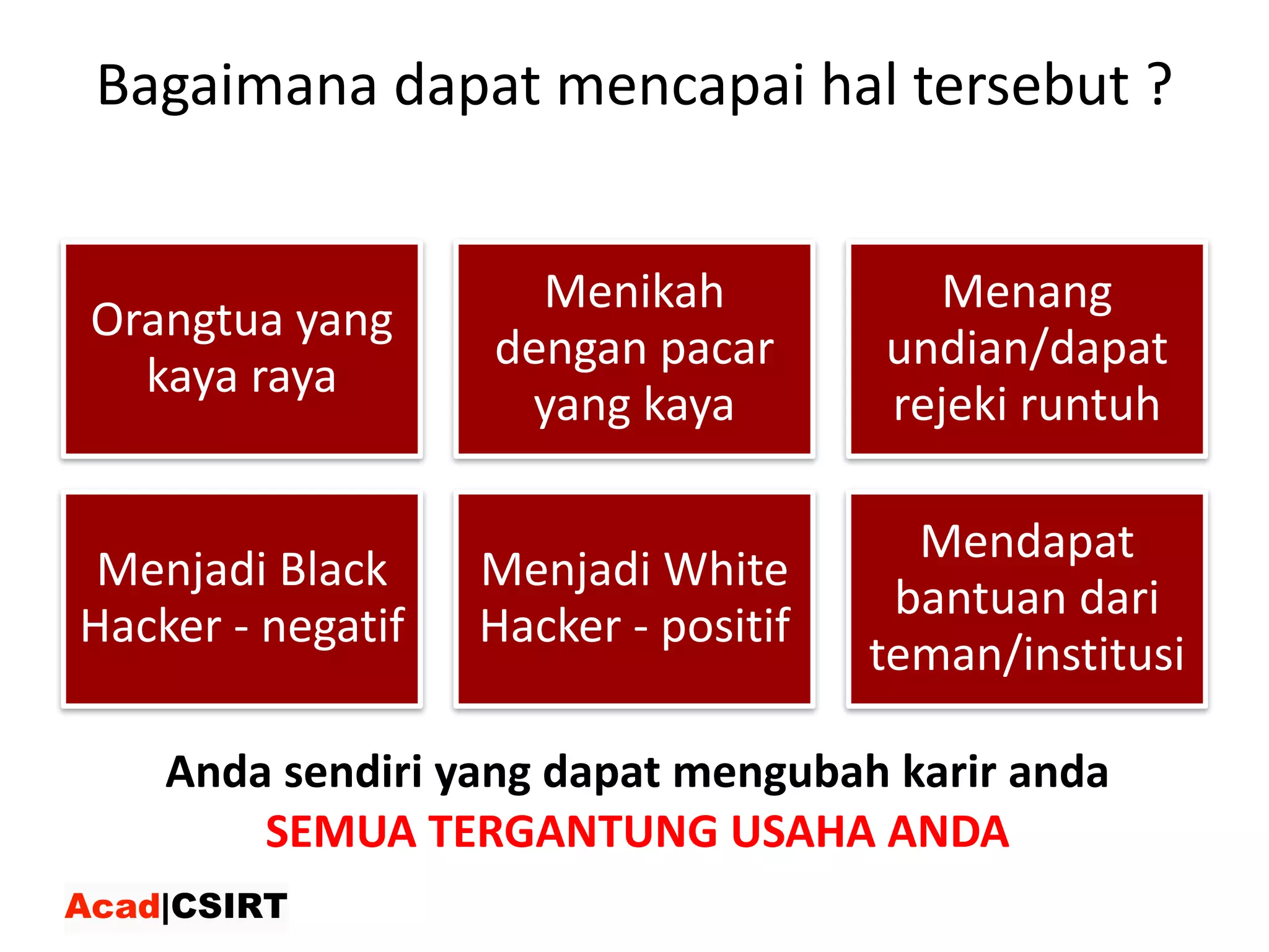 Bagaimana dapat mencapai hal tersebut ?
Orangtua	yang	
kaya	raya
Menikah	
dengan	pacar	
yang	kaya
Menang	
undian/dapat	
rejeki	runtuh
Menjadi	Black	
Hacker	- negatif
Menjadi	White	
Hacker	- positif
Mendapat	
bantuan	dari	
teman/institusi
Anda sendiri yang	dapat mengubah karir anda
SEMUA	TERGANTUNG	USAHA	ANDA
 