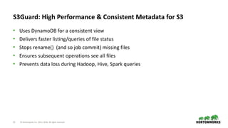 12 © Hortonworks Inc. 2011–2018. All rights reserved
S3Guard: High Performance & Consistent Metadata for S3
• Uses DynamoDB for a consistent view
• Delivers faster listing/queries of file status
• Stops rename() (and so job commit) missing files
• Ensures subsequent operations see all files
• Prevents data loss during Hadoop, Hive, Spark queries
 