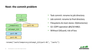 15 © Hortonworks Inc. 2011–2018. All rights reserved
• Task commit: rename to job directory
• Job commit: rename to final directory
• Filesystems & most stores: O(directories)
• S3: COPY operation @6/10 MB/s
• Without S3Guard, risk of loss
Next: the commit problem
/
work
_temporary
part-00
part-01
part-01
attempt_123
rename("/work/temporary/attempt_123/part-01", "/work/")
 