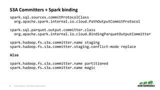 19 © Hortonworks Inc. 2011–2018. All rights reserved
S3A Committers + Spark binding
spark.sql.sources.commitProtocolClass
org.apache.spark.internal.io.cloud.PathOutputCommitProtocol
spark.sql.parquet.output.committer.class
org.apache.spark.internal.io.cloud.BindingParquetOutputCommitter
spark.hadoop.fs.s3a.committer.name staging
spark.hadoop.fs.s3a.committer.staging.conflict-mode replace
Also
spark.hadoop.fs.s3a.committer.name partitioned
spark.hadoop.fs.s3a.committer.name magic
 
