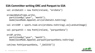 20 © Hortonworks Inc. 2011–2018. All rights reserved
S3A Committer writing ORC and Parquet to S3A
val orcDataS3 = new Path(ireland, "orcData")
orcWasbDataframe.write.
partitionBy("year", "month").
mode(SaveMode.Append).orc(orcDataS3.toString)
val orcS3DF = spark.read.orc(orcData.toString).as[LandsatImage]
val parquetS3 = new Path(ireland, "parquetData")
orcDF.write.
partitionBy("year", "month").
mode(SaveMode.Append).parquet(parquetData.toString)
cat(new Path(parquetData, "_SUCCESS"))
 