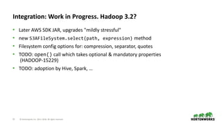 27 © Hortonworks Inc. 2011–2018. All rights reserved
Integration: Work in Progress. Hadoop 3.2?
• Later AWS SDK JAR, upgrades "mildly stressful"
• new S3AFileSystem.select(path, expression) method
• Filesystem config options for: compression, separator, quotes
• TODO: open() call which takes optional & mandatory properties
(HADOOP-15229)
• TODO: adoption by Hive, Spark, …
 
