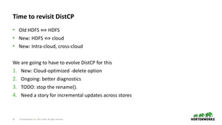31 © Hortonworks Inc. 2011–2018. All rights reserved
Time to revisit DistCP
• Old HDFS ⟺ HDFS
• New: HDFS ⟺ cloud
• New: Intra-cloud, cross-cloud
We are going to have to evolve DistCP for this
1. New: Cloud-optimized -delete option
2. Ongoing: better diagnostics
3. TODO: stop the rename().
4. Need a story for incremental updates across stores
 