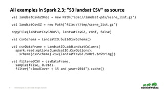4 © Hortonworks Inc. 2011–2018. All rights reserved
All examples in Spark 2.3; "S3 landsat CSV" as source
val landsatCsvGZOnS3 = new Path("s3a://landsat-pds/scene_list.gz")
val landsatCsvGZ = new Path("file:///tmp/scene_list.gz")
copyFile(landsatCsvGZOnS3, landsatCsvGZ, conf, false)
val csvSchema = LandsatIO.buildCsvSchema()
val csvDataFrame = LandsatIO.addLandsatColumns(
spark.read.options(LandsatIO.CsvOptions).
schema(csvSchema).csv(landsatCsvGZ.toUri.toString))
val filteredCSV = csvDataFrame.
sample(false, 0.01d).
filter("cloudCover < 15 and year=2014").cache()
 