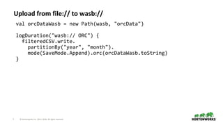 7 © Hortonworks Inc. 2011–2018. All rights reserved
Upload from file:// to wasb://
val orcDataWasb = new Path(wasb, "orcData")
logDuration("wasb:// ORC") {
filteredCSV.write.
partitionBy("year", "month").
mode(SaveMode.Append).orc(orcDataWasb.toString)
}
 