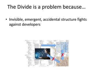 The Divide is a problem because…
• Invisible, emergent, accidental structure fights
against developers
 