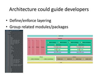 Architecture could guide developers
• Define/enforce layering
• Group related modules/packages
 