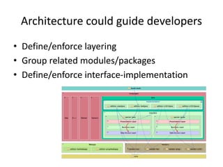 Architecture could guide developers
• Define/enforce layering
• Group related modules/packages
• Define/enforce interface-...