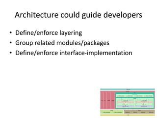 Architecture could guide developers
• Define/enforce layering
• Group related modules/packages
• Define/enforce interface-implementation
 