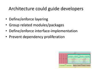 Architecture could guide developers
• Define/enforce layering
• Group related modules/packages
• Define/enforce interface-implementation
• Prevent dependency proliferation
 
