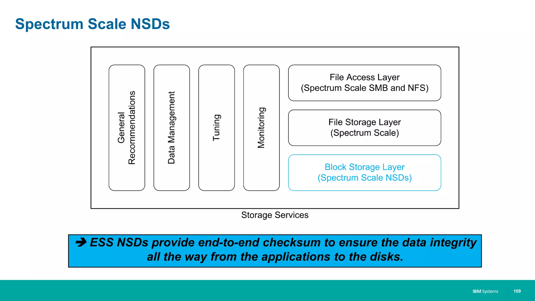 IBM Systems
Spectrum Scale NSDs
| 109
 ESS NSDs provide end-to-end checksum to ensure the data integrity
all the way from the applications to the disks.
 