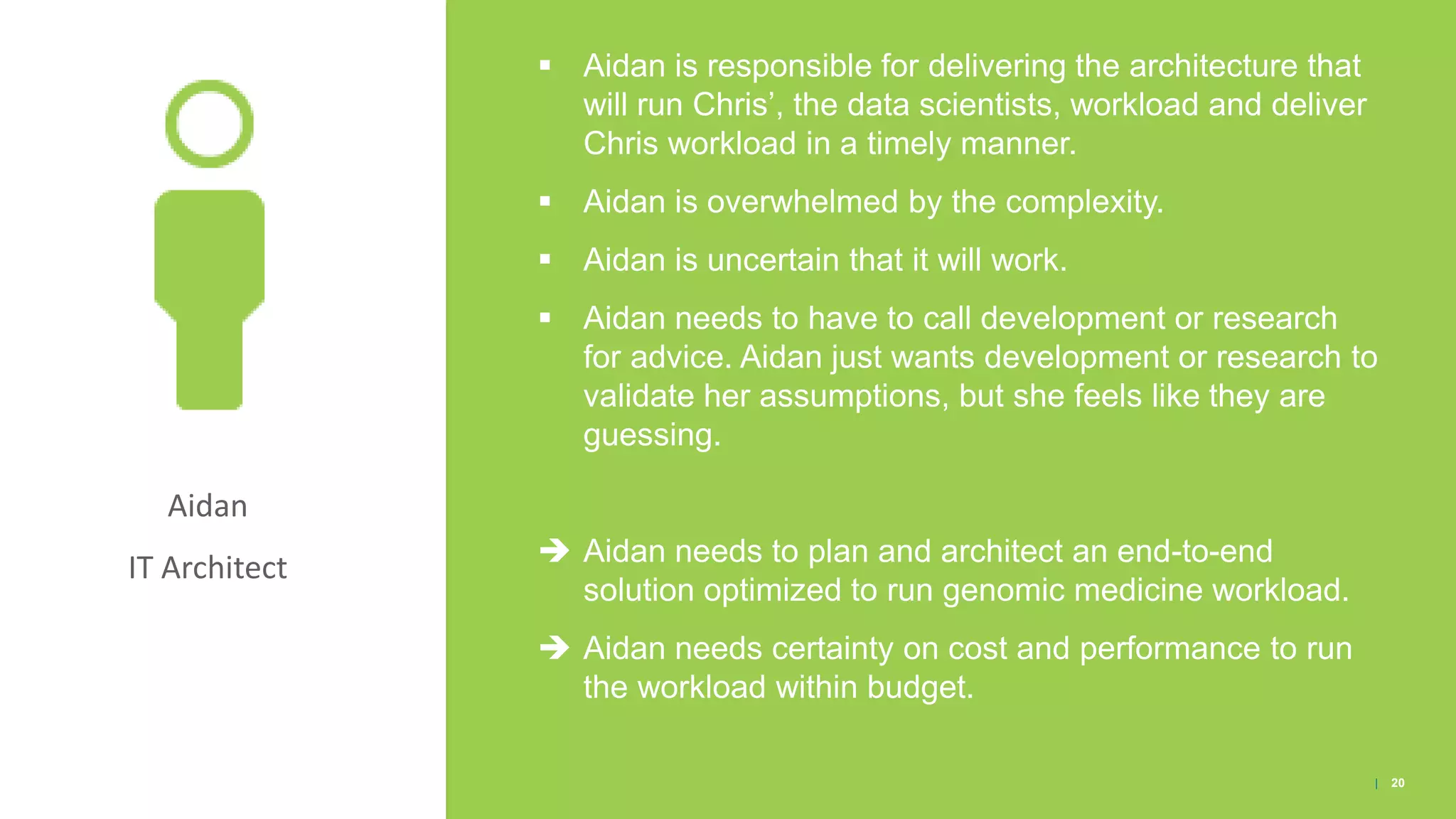Aidan
IT Architect
▪ Aidan is responsible for delivering the architecture that
will run Chris’, the data scientists, workload and deliver
Chris workload in a timely manner.
▪ Aidan is overwhelmed by the complexity.
▪ Aidan is uncertain that it will work.
▪ Aidan needs to have to call development or research
for advice. Aidan just wants development or research to
validate her assumptions, but she feels like they are
guessing.
 Aidan needs to plan and architect an end-to-end
solution optimized to run genomic medicine workload.
 Aidan needs certainty on cost and performance to run
the workload within budget.
| 20
 
