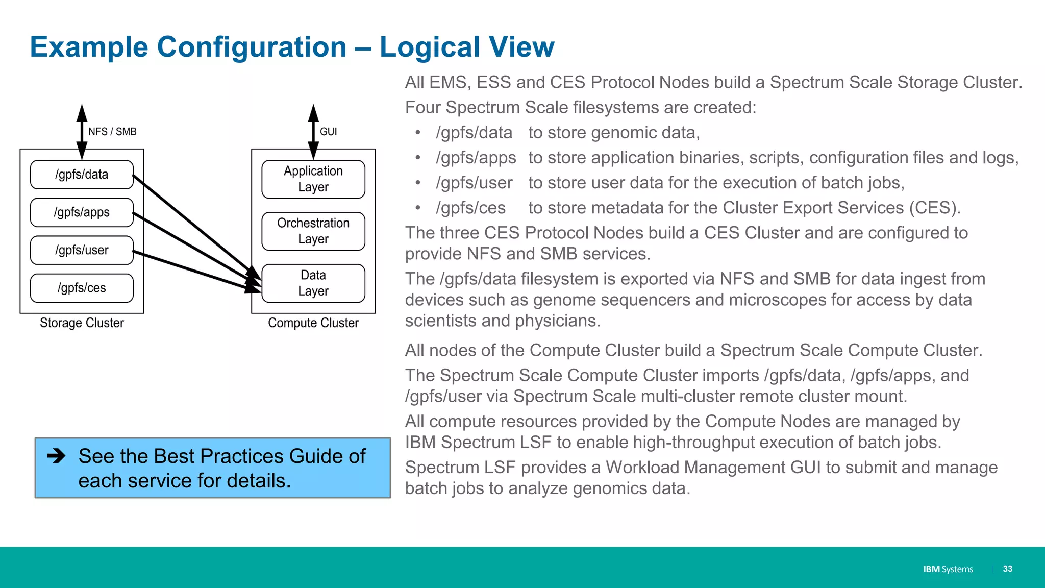 IBM Systems
Example Configuration – Logical View
All EMS, ESS and CES Protocol Nodes build a Spectrum Scale Storage Cluster.
Four Spectrum Scale filesystems are created:
• /gpfs/data to store genomic data,
• /gpfs/apps to store application binaries, scripts, configuration files and logs,
• /gpfs/user to store user data for the execution of batch jobs,
• /gpfs/ces to store metadata for the Cluster Export Services (CES).
The three CES Protocol Nodes build a CES Cluster and are configured to
provide NFS and SMB services.
The /gpfs/data filesystem is exported via NFS and SMB for data ingest from
devices such as genome sequencers and microscopes for access by data
scientists and physicians.
All nodes of the Compute Cluster build a Spectrum Scale Compute Cluster.
The Spectrum Scale Compute Cluster imports /gpfs/data, /gpfs/apps, and
/gpfs/user via Spectrum Scale multi-cluster remote cluster mount.
All compute resources provided by the Compute Nodes are managed by
IBM Spectrum LSF to enable high-throughput execution of batch jobs.
Spectrum LSF provides a Workload Management GUI to submit and manage
batch jobs to analyze genomics data.
| 33
 See the Best Practices Guide of
each service for details.
 