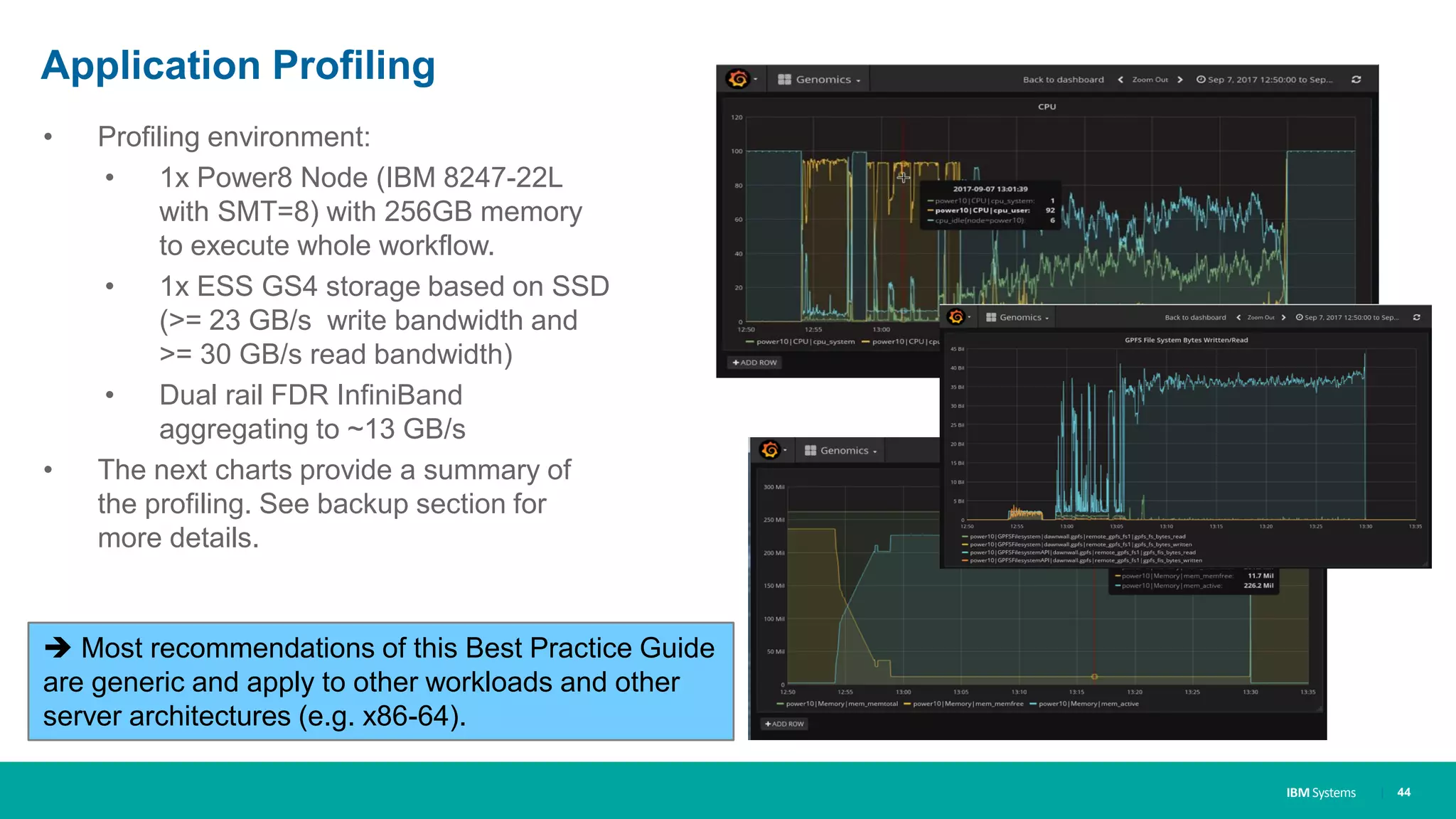 IBM Systems
Application Profiling
| 44
• Profiling environment:
• 1x Power8 Node (IBM 8247-22L
with SMT=8) with 256GB memory
to execute whole workflow.
• 1x ESS GS4 storage based on SSD
(>= 23 GB/s write bandwidth and
>= 30 GB/s read bandwidth)
• Dual rail FDR InfiniBand
aggregating to ~13 GB/s
• The next charts provide a summary of
the profiling. See backup section for
more details.
 Most recommendations of this Best Practice Guide
are generic and apply to other workloads and other
server architectures (e.g. x86-64).
 