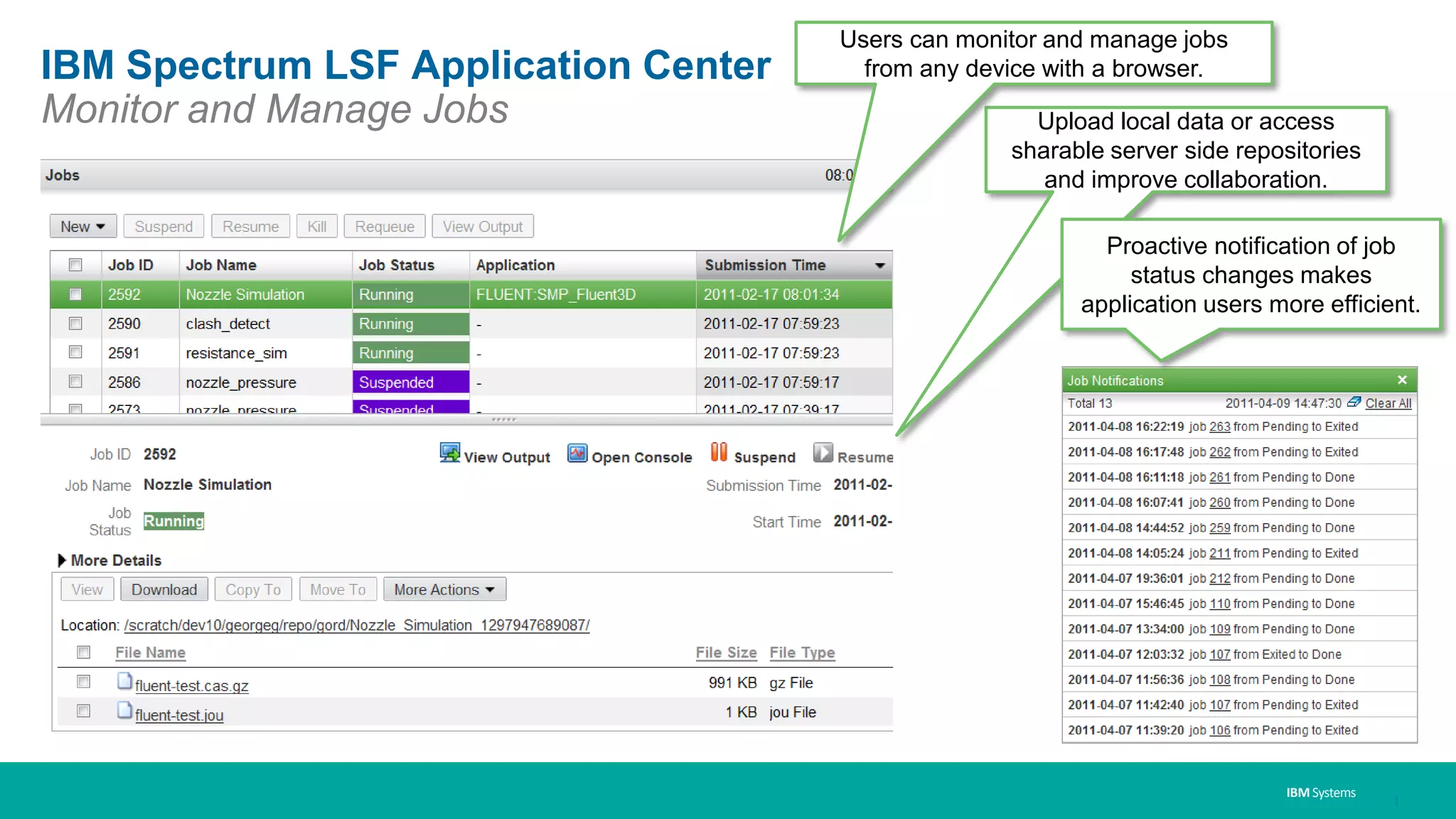 IBM Systems
IBM Spectrum LSF Application Center
Monitor and Manage Jobs Upload local data or access
sharable server side repositories
and improve collaboration.
Proactive notification of job
status changes makes
application users more efficient.
Users can monitor and manage jobs
from any device with a browser.
|
 