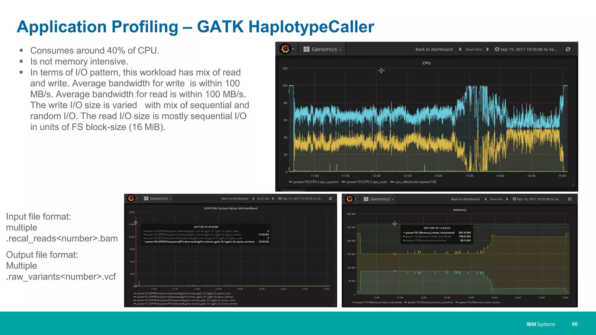 IBM Systems
Application Profiling – GATK HaplotypeCaller
| 86
▪ Consumes around 40% of CPU.
▪ Is not memory intensive.
▪ In terms of I/O pattern, this workload has mix of read
and write. Average bandwidth for write is within 100
MB/s. Average bandwidth for read is within 100 MB/s.
The write I/O size is varied with mix of sequential and
random I/O. The read I/O size is mostly sequential I/O
in units of FS block-size (16 MiB).
Input file format:
multiple
.recal_reads<number>.bam
Output file format:
Multiple
.raw_variants<number>.vcf
 