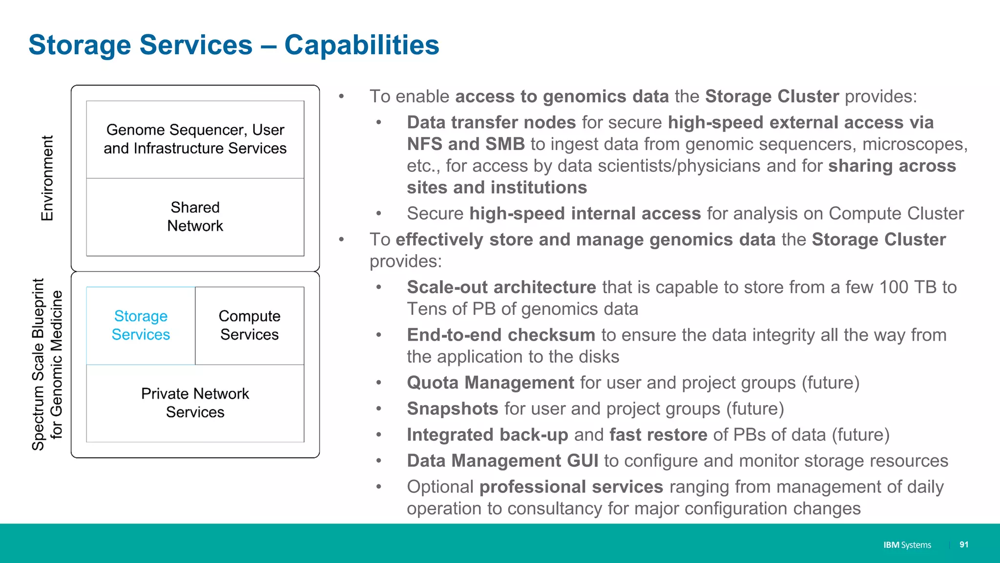 IBM Systems
Storage Services – Capabilities
| 91
• To enable access to genomics data the Storage Cluster provides:
• Data transfer nodes for secure high-speed external access via
NFS and SMB to ingest data from genomic sequencers, microscopes,
etc., for access by data scientists/physicians and for sharing across
sites and institutions
• Secure high-speed internal access for analysis on Compute Cluster
• To effectively store and manage genomics data the Storage Cluster
provides:
• Scale-out architecture that is capable to store from a few 100 TB to
Tens of PB of genomics data
• End-to-end checksum to ensure the data integrity all the way from
the application to the disks
• Quota Management for user and project groups (future)
• Snapshots for user and project groups (future)
• Integrated back-up and fast restore of PBs of data (future)
• Data Management GUI to configure and monitor storage resources
• Optional professional services ranging from management of daily
operation to consultancy for major configuration changes
 
