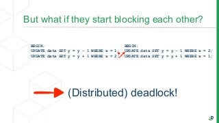 Transactions and Concurrency
• Transactions that don’t modify the same row
can run concurrently.
Transactions block on 1st...