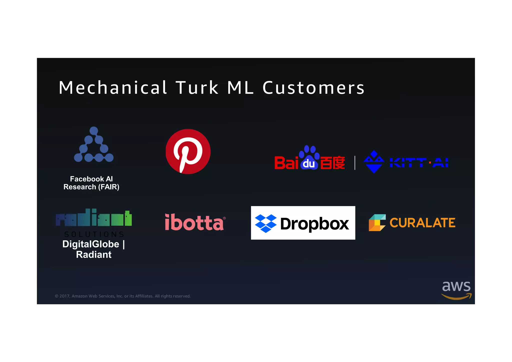 © 2017, Amazon Web Services, Inc. or its Affiliates. All rights reserved.
Mechanical Turk ML Customers
Facebook AI
Research (FAIR)
DigitalGlobe |
Radiant
 