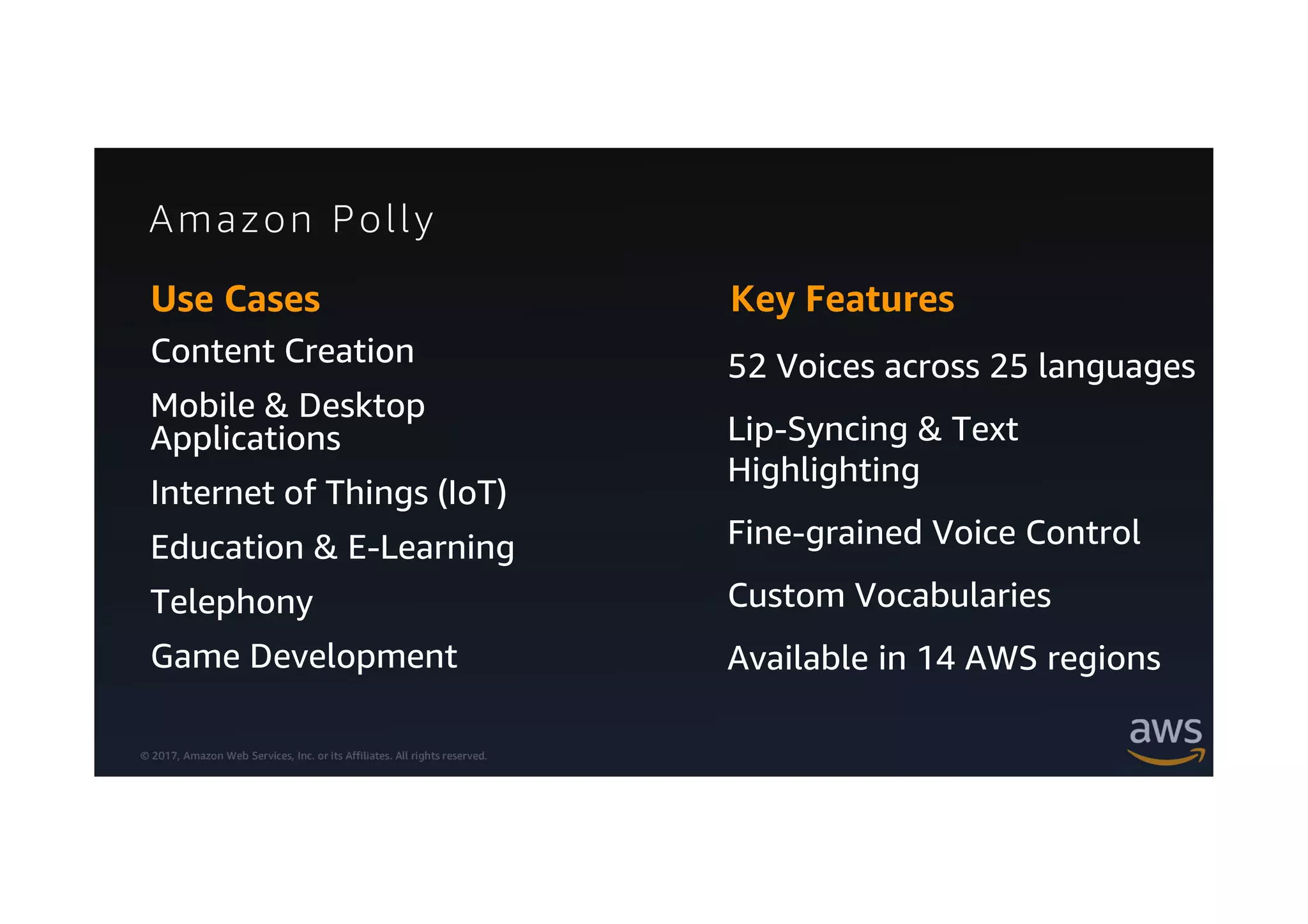 © 2017, Amazon Web Services, Inc. or its Affiliates. All rights reserved.
Amazon Polly
Use Cases
Content Creation
Mobile & Desktop
Applications
Internet of Things (IoT)
Education & E-Learning
Telephony
Game Development
Key Features
52 Voices across 25 languages
Lip-Syncing & Text
Highlighting
Fine-grained Voice Control
Custom Vocabularies
Available in 14 AWS regions
 