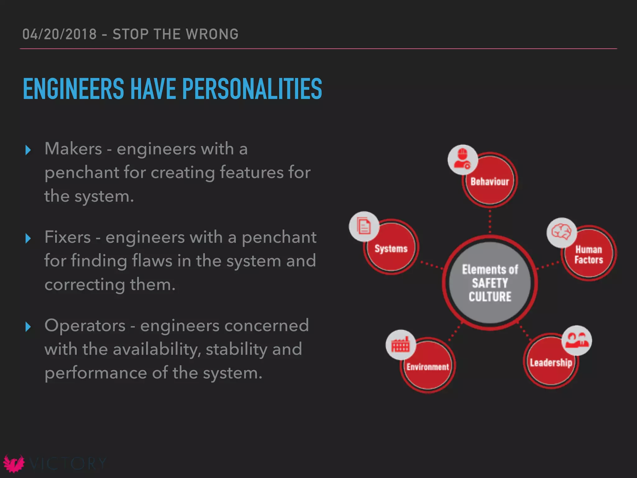 04/20/2018 - STOP THE WRONG
ENGINEERS HAVE PERSONALITIES
▸ Makers - engineers with a
penchant for creating features for
the system.
▸ Fixers - engineers with a penchant
for ﬁnding ﬂaws in the system and
correcting them.
▸ Operators - engineers concerned
with the availability, stability and
performance of the system.
 