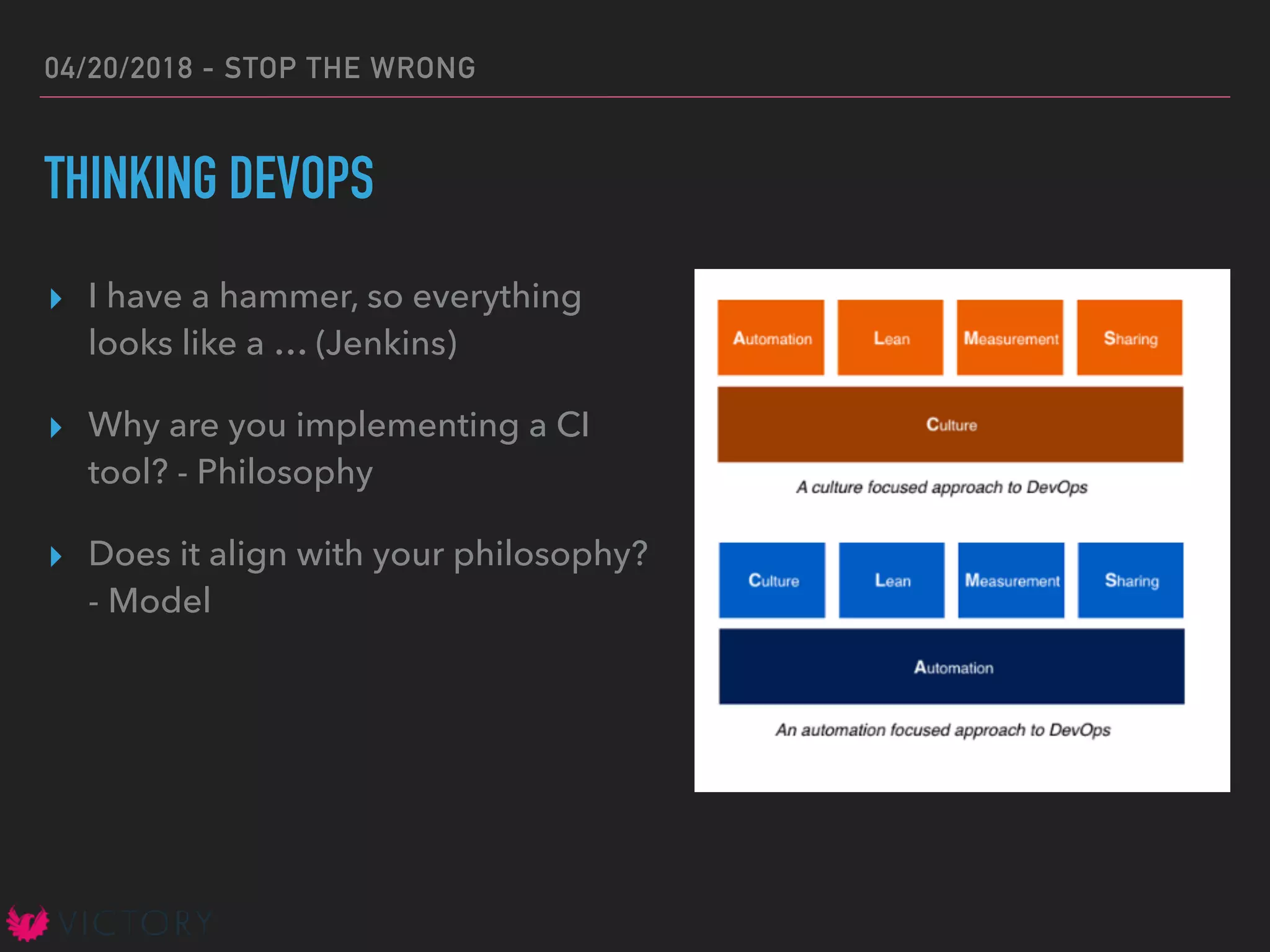 04/20/2018 - STOP THE WRONG
THINKING DEVOPS
▸ I have a hammer, so everything
looks like a … (Jenkins)
▸ Why are you implementing a CI
tool? - Philosophy
▸ Does it align with your philosophy?
- Model
 