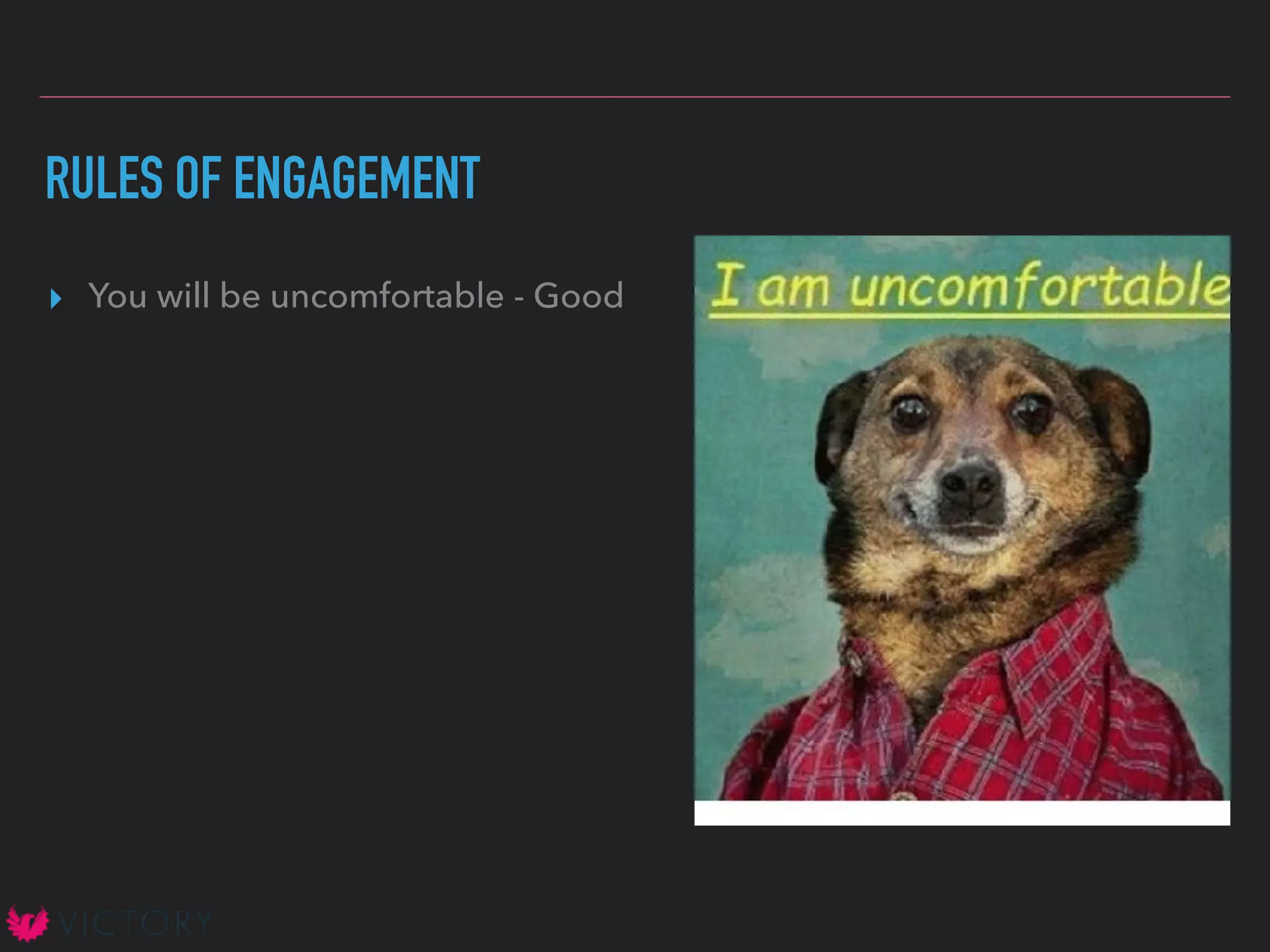 RULES OF ENGAGEMENT
▸ You will be uncomfortable - Good
 