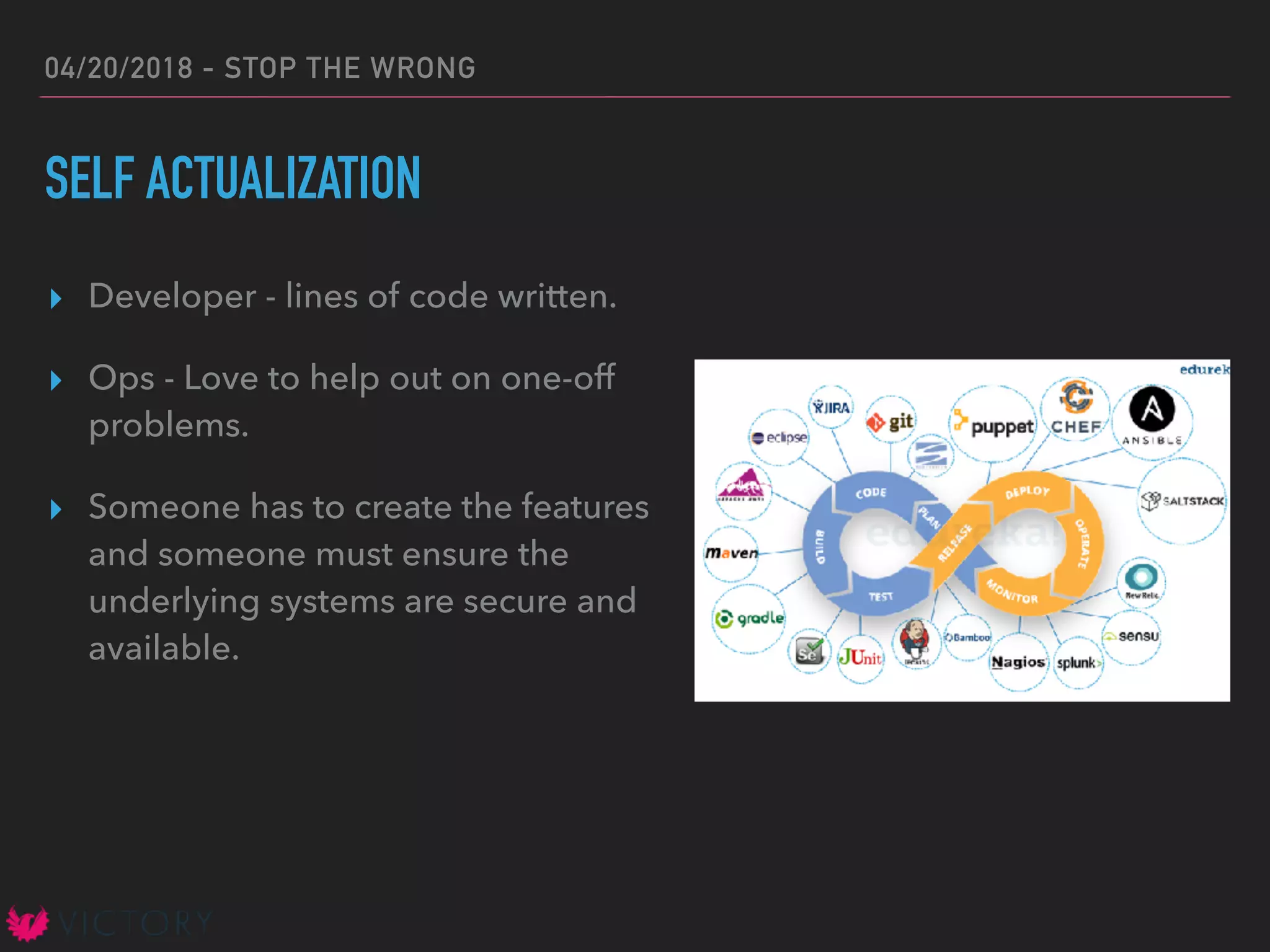 04/20/2018 - STOP THE WRONG
SELF ACTUALIZATION
▸ Developer - lines of code written.
▸ Ops - Love to help out on one-off
problems.
▸ Someone has to create the features
and someone must ensure the
underlying systems are secure and
available.
 