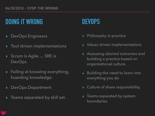 04/20/2018 - STOP THE WRONG
DOING IT WRONG
▸ DevOps Engineers
▸ Tool driven implementations
▸ Scrum is Agile … SRE is
DevOps
▸ Failing at knowing everything,
hoarding knowledge.
▸ DevOps Department
▸ Teams separated by skill set.
▸ Philosophy in practice
▸ Values driven implementations
▸ Assessing desired outcomes and
building a practice based on
organizational culture.
▸ Building the need to learn into
everything you do
▸ Culture of share responsibility.
▸ Teams separated by system
boundaries.
DEVOPS
 
