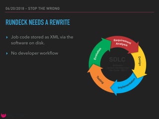 04/20/2018 - STOP THE WRONG
RUNDECK NEEDS A REWRITE
▸ Job code stored as XML via the
software on disk.
▸ No developer workﬂow
 