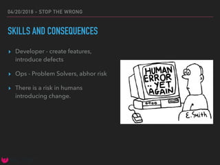 04/20/2018 - STOP THE WRONG
SKILLS AND CONSEQUENCES
▸ Developer - create features,
introduce defects
▸ Ops - Problem Solvers, abhor risk
▸ There is a risk in humans
introducing change.
 