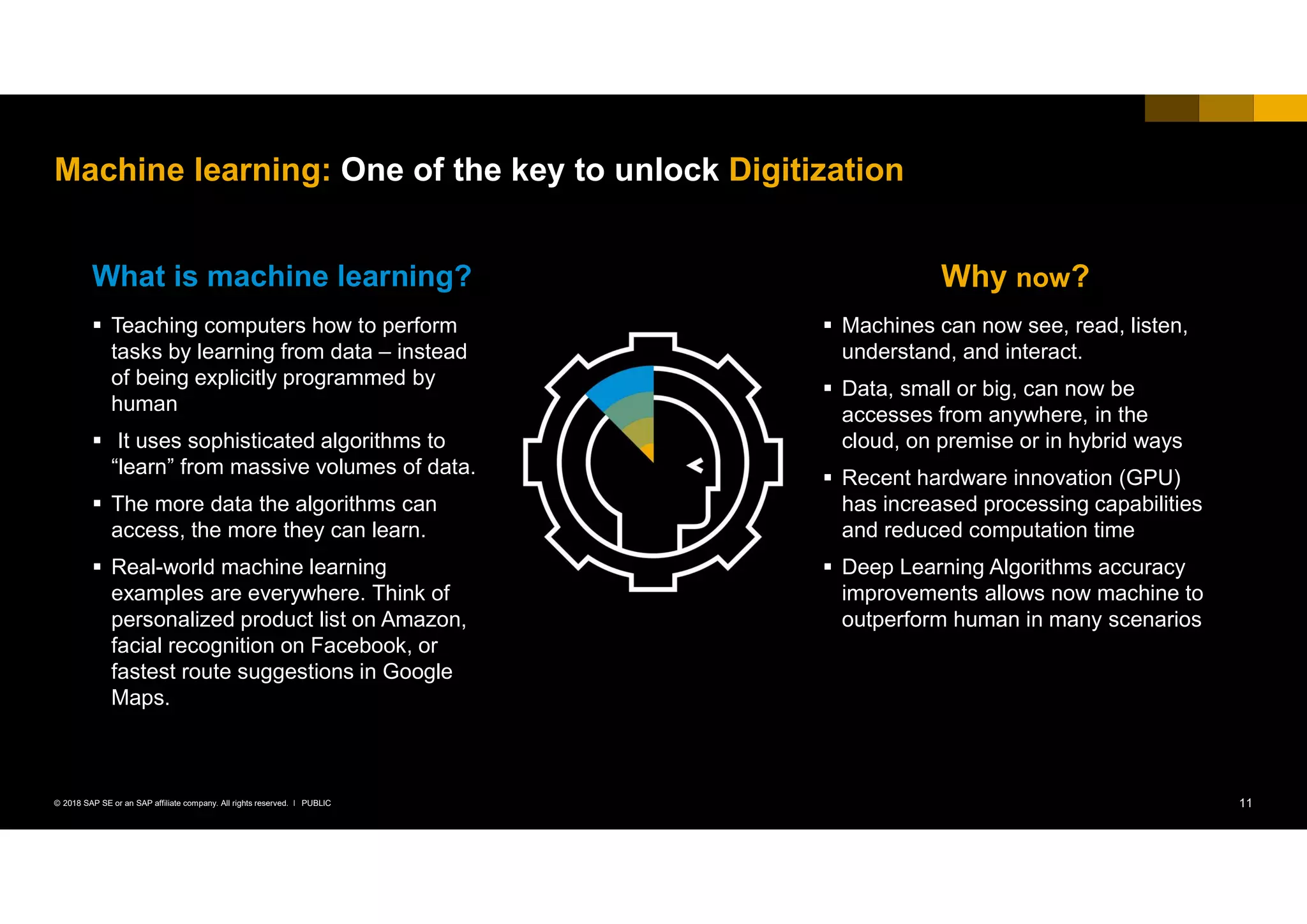 11PUBLIC© 2018 SAP SE or an SAP affiliate company. All rights reserved. ǀ
Machine learning: One of the key to unlock Digitization
 Machines can now see, read, listen,
understand, and interact.
 Data, small or big, can now be
accesses from anywhere, in the
cloud, on premise or in hybrid ways
 Recent hardware innovation (GPU)
has increased processing capabilities
and reduced computation time
 Deep Learning Algorithms accuracy
improvements allows now machine to
outperform human in many scenarios
 Teaching computers how to perform
tasks by learning from data – instead
of being explicitly programmed by
human
 It uses sophisticated algorithms to
“learn” from massive volumes of data.
 The more data the algorithms can
access, the more they can learn.
 Real-world machine learning
examples are everywhere. Think of
personalized product list on Amazon,
facial recognition on Facebook, or
fastest route suggestions in Google
Maps.
What is machine learning? Why now?
 
