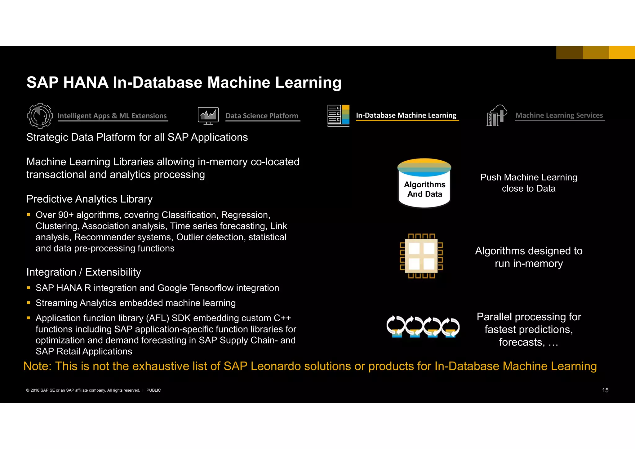 15PUBLIC© 2018 SAP SE or an SAP affiliate company. All rights reserved. ǀ
Strategic Data Platform for all SAP Applications
Machine Learning Libraries allowing in-memory co-located
transactional and analytics processing
Predictive Analytics Library
 Over 90+ algorithms, covering Classification, Regression,
Clustering, Association analysis, Time series forecasting, Link
analysis, Recommender systems, Outlier detection, statistical
and data pre-processing functions
Integration / Extensibility
 SAP HANA R integration and Google Tensorflow integration
 Streaming Analytics embedded machine learning
 Application function library (AFL) SDK embedding custom C++
functions including SAP application-specific function libraries for
optimization and demand forecasting in SAP Supply Chain- and
SAP Retail Applications
SAP HANA In-Database Machine Learning
Algorithms
And Data
Push Machine Learning
close to Data
Algorithms designed to
run in-memory
Parallel processing for
fastest predictions,
forecasts, …
Intelligent Apps & ML Extensions Data Science Platform In-Database Machine Learning Machine Learning Services
Note: This is not the exhaustive list of SAP Leonardo solutions or products for In-Database Machine Learning
 
