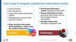 |
• Luxury industry
• 20+ subsidiaries
• Large and complex information
system
• Heterogeneous systems: SAP,
Dynamic, Custom
• Share sensitive information
with subsidiaries : stocks, price
list, product information
Context
• Distributed information
system: integrate remote ERPs
• Secure information transfer:
guarantee information will not
be corrupted and not
intercepted
• Manage remote sites:
distribute integration code
Challenges
Case study 4: Integrate subsidiaries information system
April 2018API Trends & Cases Studies 34
 