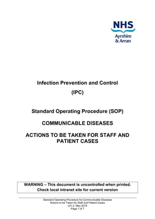 Standard Operating Procedure for Communicable Diseases
Actions to be Taken for Staff and Patient Cases
v01.2, May 2018
Page 1 of 7
Infection Prevention and Control
(IPC)
Standard Operating Procedure (SOP)
COMMUNICABLE DISEASES
ACTIONS TO BE TAKEN FOR STAFF AND
PATIENT CASES
WARNING – This document is uncontrolled when printed.
Check local intranet site for current version
 