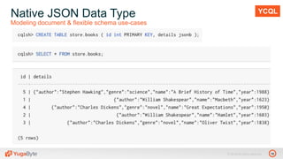 16© 2018 All rights reserved.
Native JSON Data Type
Modeling document & flexible schema use-cases
YCQL
 
