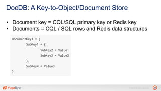 20© 2018 All rights reserved.
DocDB: A Key-to-Object/Document Store
• Document key = CQL/SQL primary key or Redis key
• Documents = CQL / SQL rows and Redis data structures
 