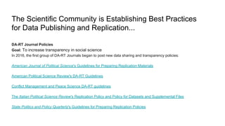 The Scientific Community is Establishing Best Practices
for Data Publishing and Replication...
DA-RT Journal Policies
Goal: To increase transparency in social science
In 2016, the first group of DA-RT Journals began to post new data sharing and transparency policies:
American Journal of Political Science's Guidelines for Preparing Replication Materials
American Political Science Review's DA-RT Guidelines
Conflict Management and Peace Science DA-RT guidelines
The Italian Political Science Review's Replication Policy and Policy for Datasets and Supplemental Files
State Politics and Policy Quarterly's Guidelines for Preparing Replication Policies
 