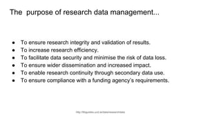 The purpose of research data management...
● To ensure research integrity and validation of results.
● To increase research efficiency.
● To facilitate data security and minimise the risk of data loss.
● To ensure wider dissemination and increased impact.
● To enable research continuity through secondary data use.
● To ensure compliance with a funding agency’s requirements.
http://libguides.ucd.ie/data/researchdata
 