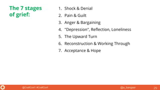 @a_bangser@CraftConf / #CraftConf
The 7 stages
of grief:
1. Shock & Denial
2. Pain & Guilt
3. Anger & Bargaining
4. "Depression", Reflection, Loneliness
5. The Upward Turn
6. Reconstruction & Working Through
7. Acceptance & Hope
29
 