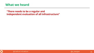 @a_bangser@CraftConf / #CraftConf
What we heard
36
“There needs to be a regular and
independent evaluation of all infrastructure”
 